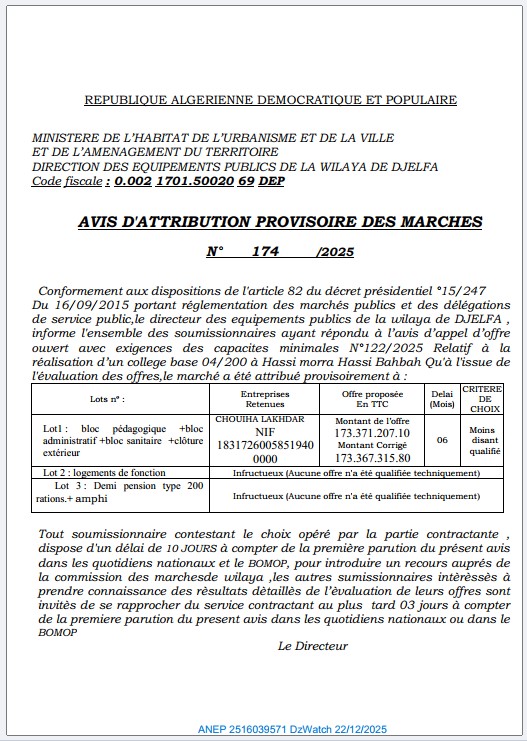 AVIS D’ATTRIBUTION PROVISOIRE DES MARCHES N° 174/2025.