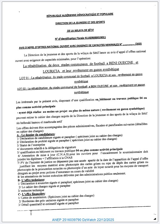 AVIS D’APPEL D’OFFRES NATIONAL OUVERT AVEC EXIGENCE DE CAPACITES MINIMALES N° /2025.