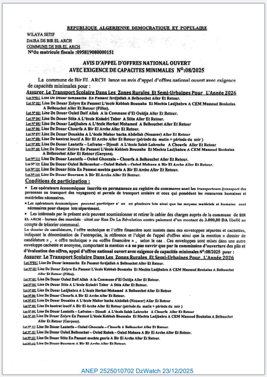 AVIS D’APPEL D’OFFRES NATIONAL OUVERT AVEC EXIGENCE DE CAPACITES MINIMALES N°: 08/2025.