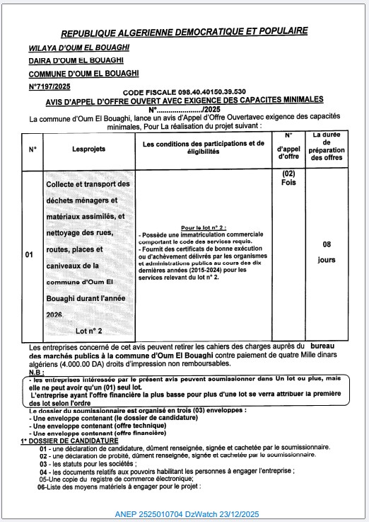 AVIS D’APPEL D’OFFRE OUVERT AVEC EXIGENCE DES CAPACITES MINIMALES N° …./2025