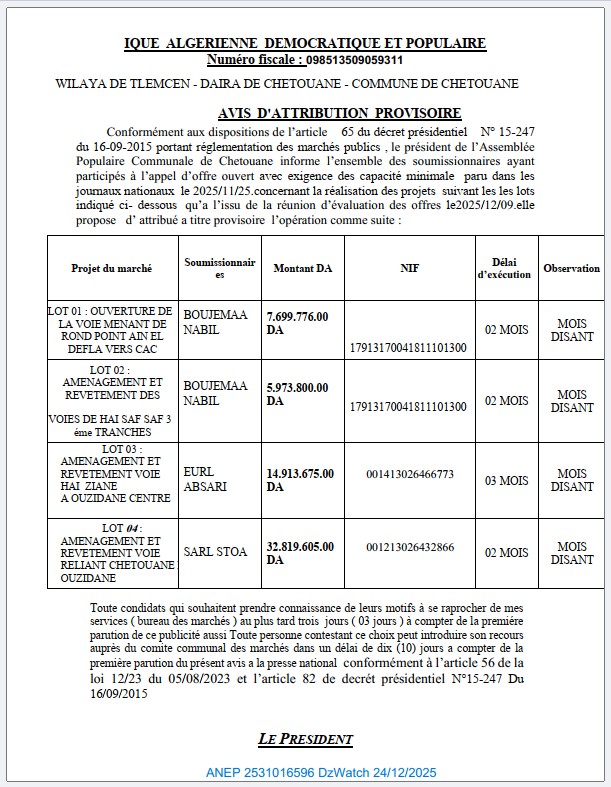 AVIS D’ATTRIBUTION PROVISOIRE