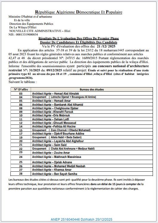 Concours national d’architecture restreint N° 31/2025 relatif à l’étude et suivi pour la réalisation d’une école primaire type 02 au niveau du POS 18 et 19, commune d’Illizi