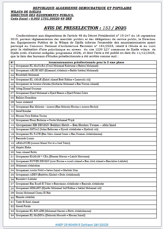 AVIS DE PRESELECTION : 183/2025
