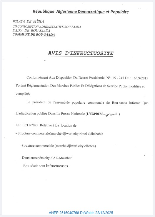 AVIS D’INFRUCTUOSITE