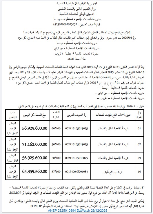 إعلان عن المنح المؤقت للصفقات