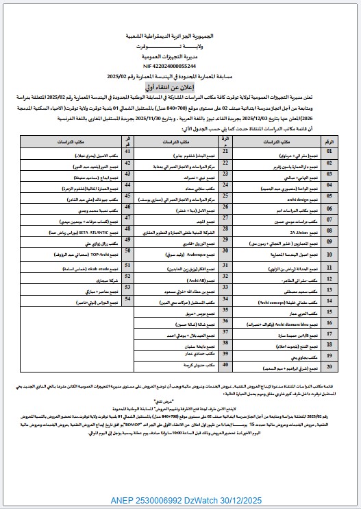 مسابقة المعمارية المحدودة في الهندسة المعمارية رقم 2025/02 (إعلان عن انتقاء أولي)