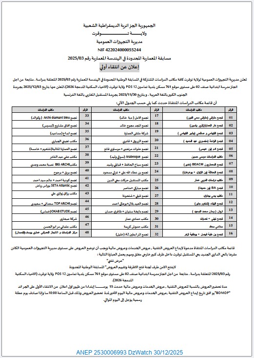 مسابقة المعمارية المحدودة في الهندسة المعمارية رقم 2025/03 (إعلان عن انتقاء أولي)