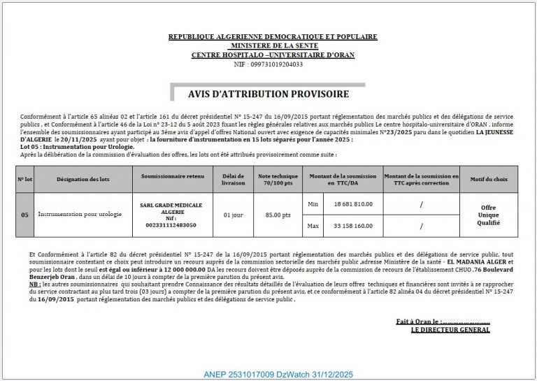 AVIS D’ATTRIBUTION PROVISOIRE