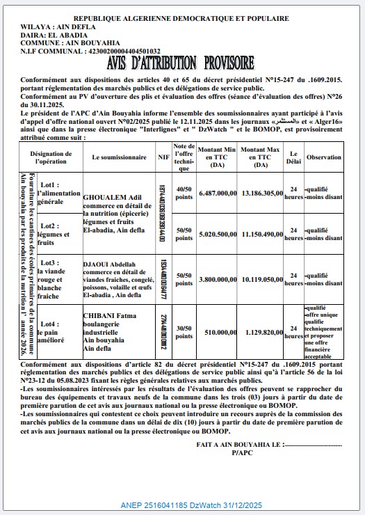 AVIS D’ATTRIBUTION PROVISOIRE
