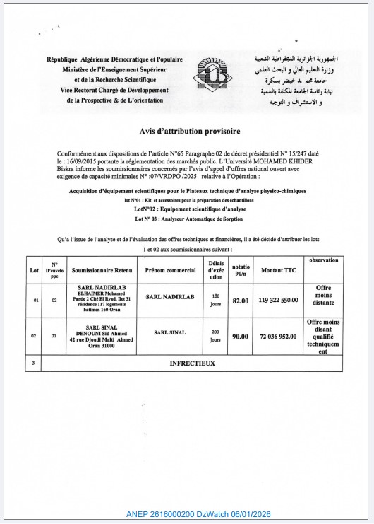 Avis d’attribution provisoire