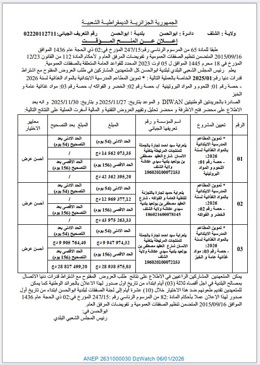 إعلان عن المنح المؤقت لطلب العروض المفتوح مع اشتراط قدرات دنيا رقم 2025/01