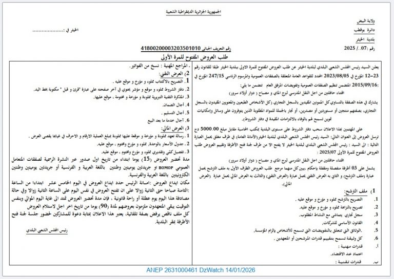 طلب العروض المفتوح للمرة الأولى رقم 2025/07