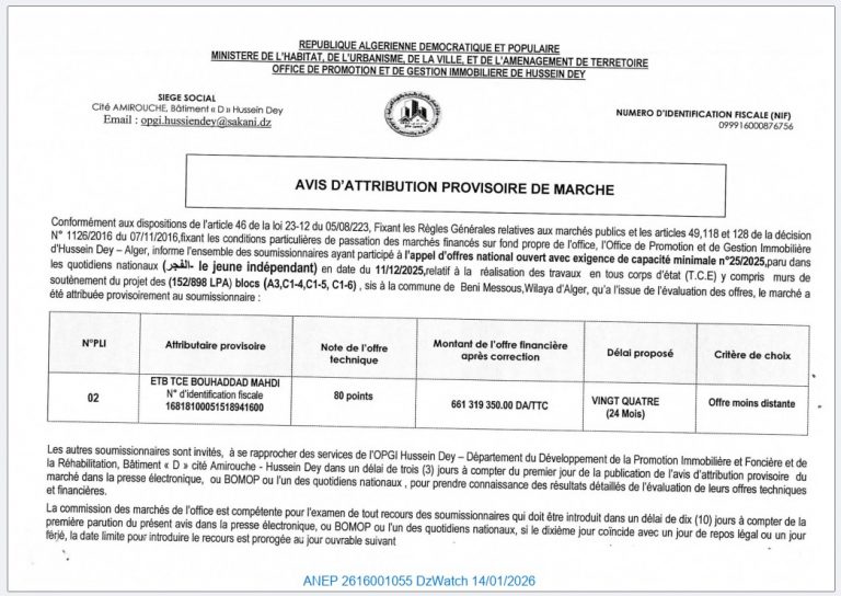 AVIS D’ATTRIBUTION PROVISOIRE DE MARCHE (Appel d’offres national ouvert n° 25/2025).