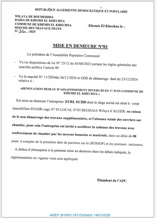 MISE EN DEMEURE N° 01