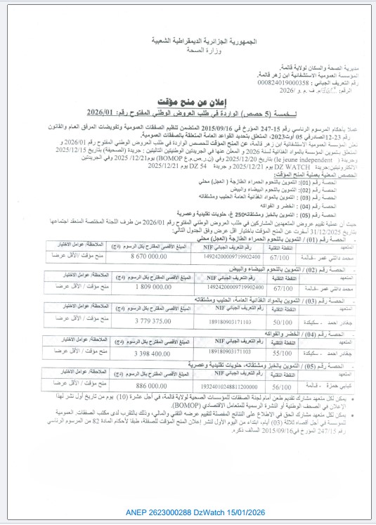إعلان عن منح مؤقت لخمسة (5) حصص واردة في طلب العروض الوطني المفتوح رقم: 2026 / 01