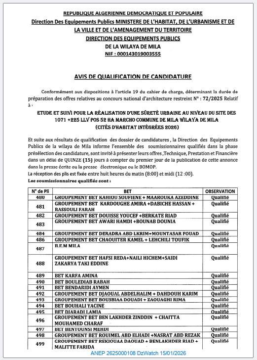 AVIS DE QUALIFICATION DE CANDIDATURE Concours national d’architecture restreint : 72/2025
