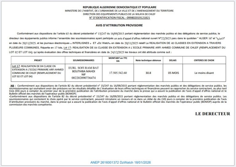AVIS D’ATTRIBUTION PROVISOIRE