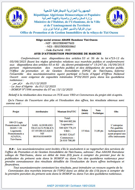 AVIS D’ATTRIBUTION PROVISOIRE DE MARCHE
