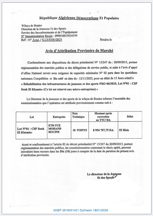 Avis d’Attribution Provisoire de Marché