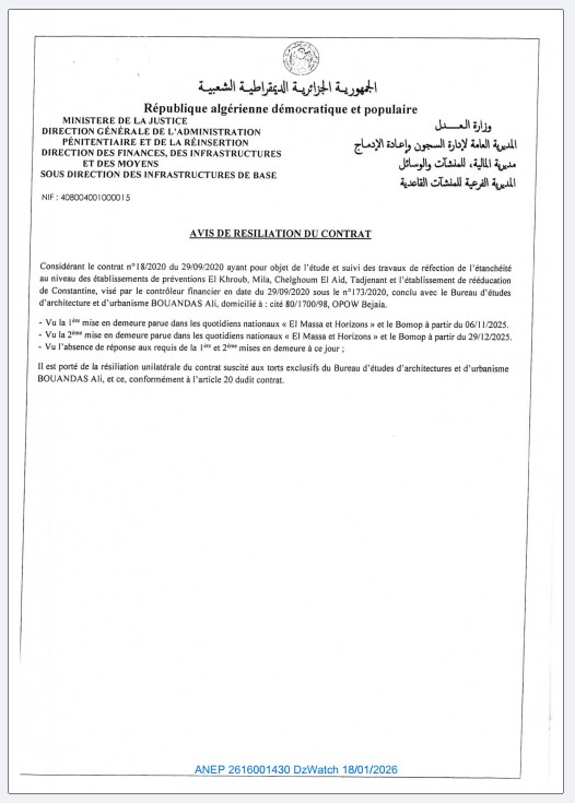 AVIS DE RESILIATION DU CONTRAT