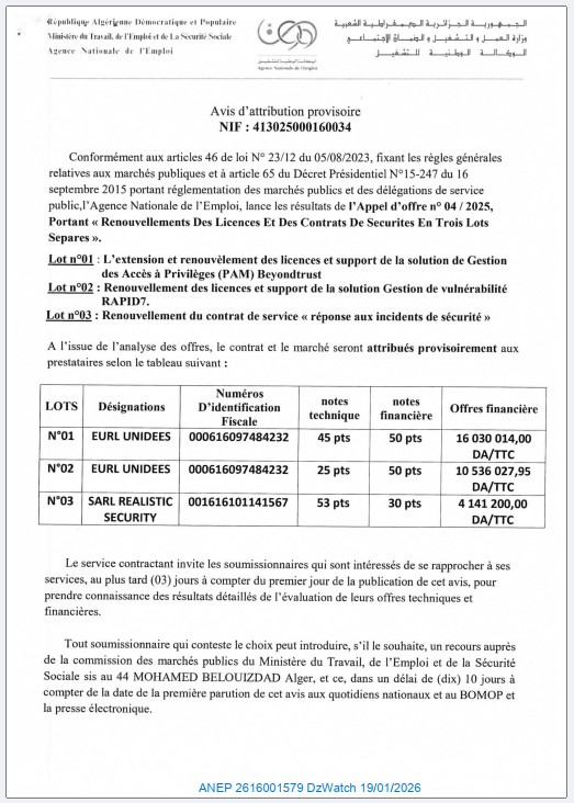 Avis d’attribution provisoire (Appel d’offre n° 04 / 2025)