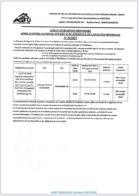 AVIS D’ATTRUBITON PROVISOIRE