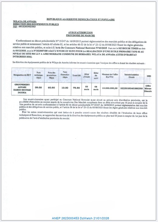 AVIS D’ATTRIBUTION PROVISOIRE DE MARCHE (Concours National Restreint N°60/2025)