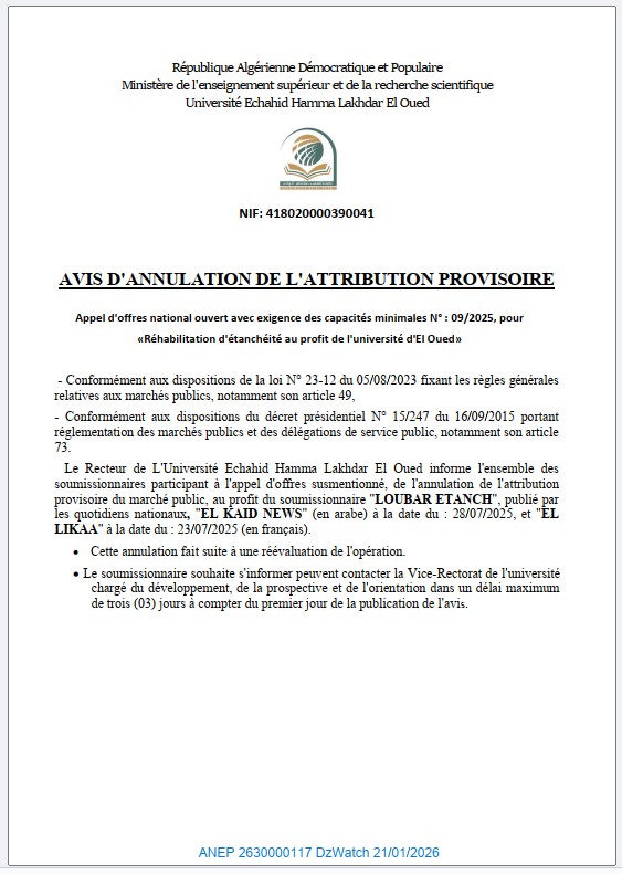 AVIS D’ANNULATION DE L’ATTRIBUTION PROVISOIRE