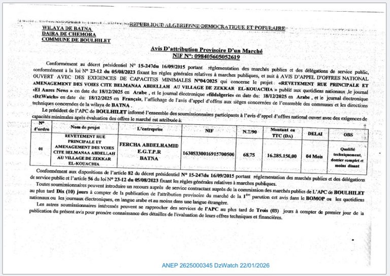 Avis D’attribution Provisoire D’un Marché