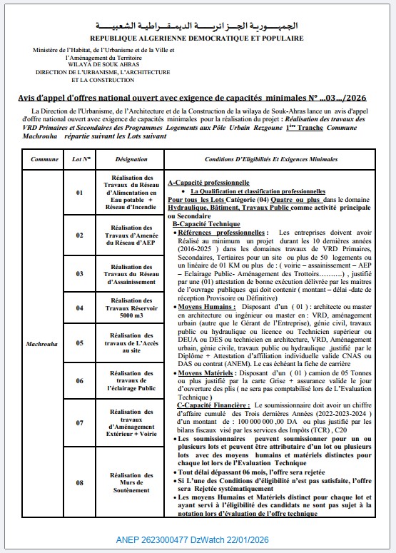 Avis d’appel d’offres national ouvert avec exigence de capacités minimales