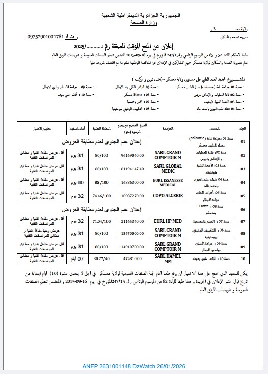 إعلان عن المنح المؤقت للصفقة رقم …….. 2025