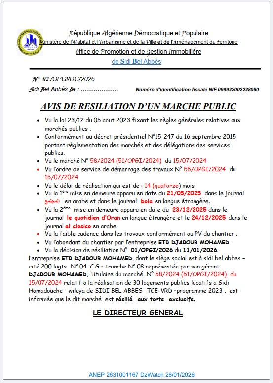 AVIS DE RESILIATION D’UN MARCHE PUBLIC