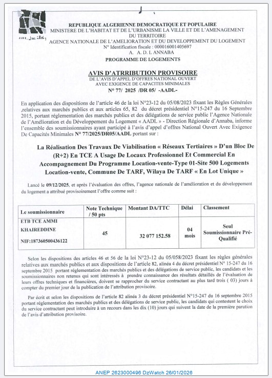 AVIS D’ATTRIBUTION PROVISOIRE DE L’AVIS D’APPEL D’OFFRES NATIONAL OUVERT AVEC EXIGENCE DE CAPACITES MINIMALES N° 77/2025/DR 05/-AADL-.
