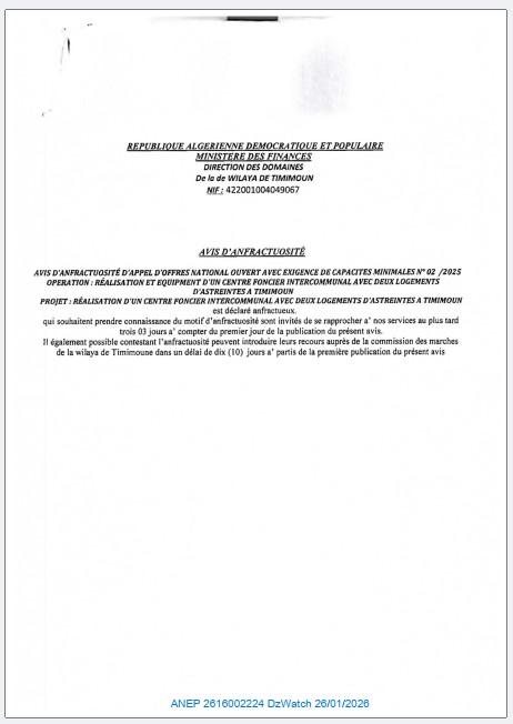 AVIS D’ANFRACTUOSITÉ D’APPEL D’OFFRES NATIONAL OUVERT AVEC EXIGENCE DE CAPACITES MINIMALES N° 02/2025.