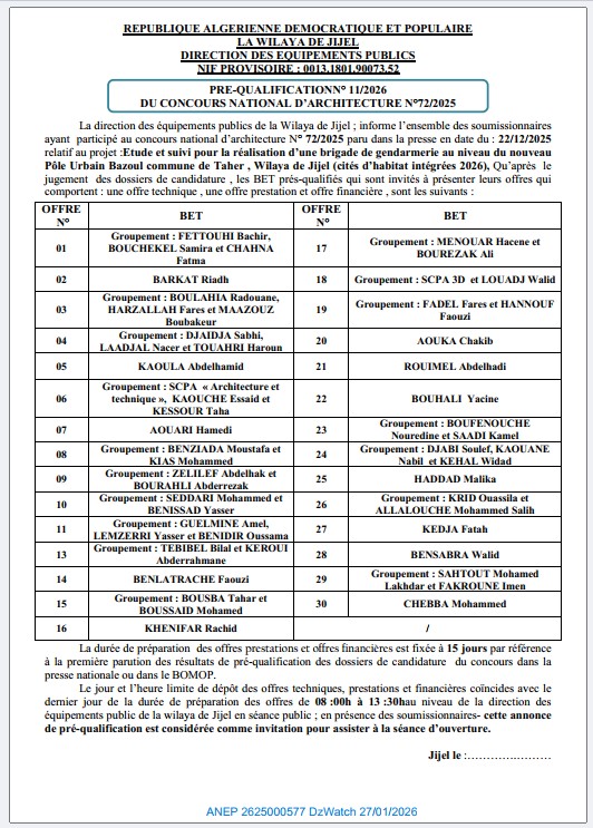 PRE-QUALIFICATION N° 11/2026 DU CONCOURS NATIONAL D’ARCHITECTURE N°72/2025.