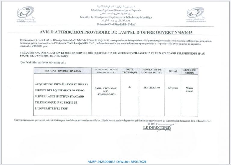 AVIS D’ATTRIBUTION PROVISOIRE DE L’APPEL D’OFFRE OUVERT N°05/2025