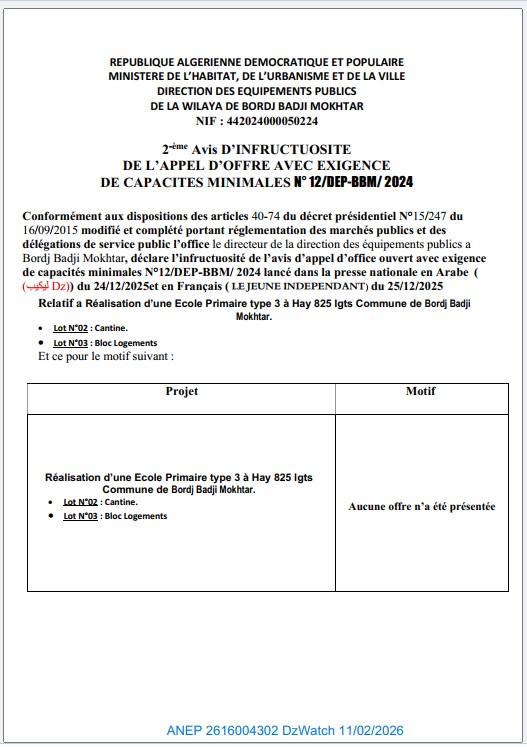 2-ème Avis D’INFRUCTUOSITE DE L’APPEL D’OFFRE AVEC EXIGENCE DE CAPACITES MINIMALES N° 12/DEP-BBM/ 2024