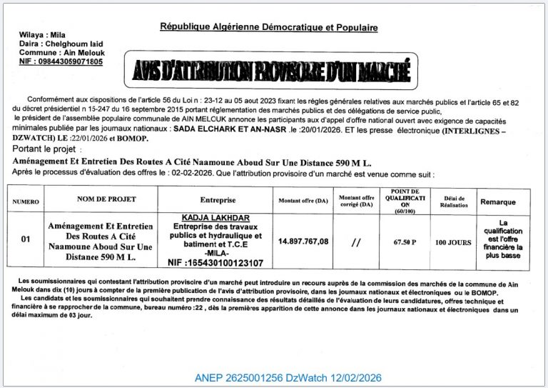 AVIS D’ATTRIBUTION PROVISOIRE D’UN MARCHÉ