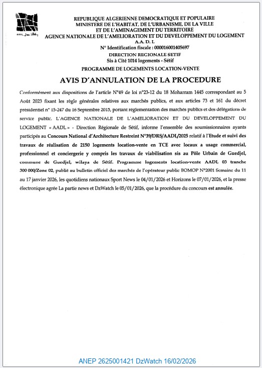 AVIS D’ANNULATION DE LA PROCEDURE