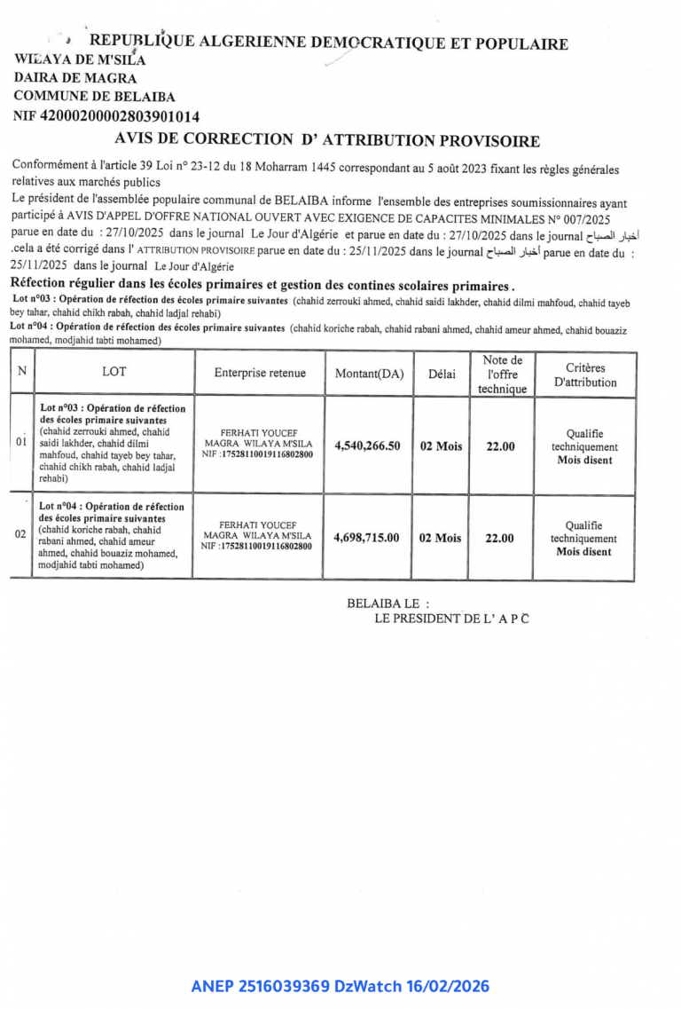 AVIS DE CORRECTION D’ ATTRIBUTION PROVISOIRE