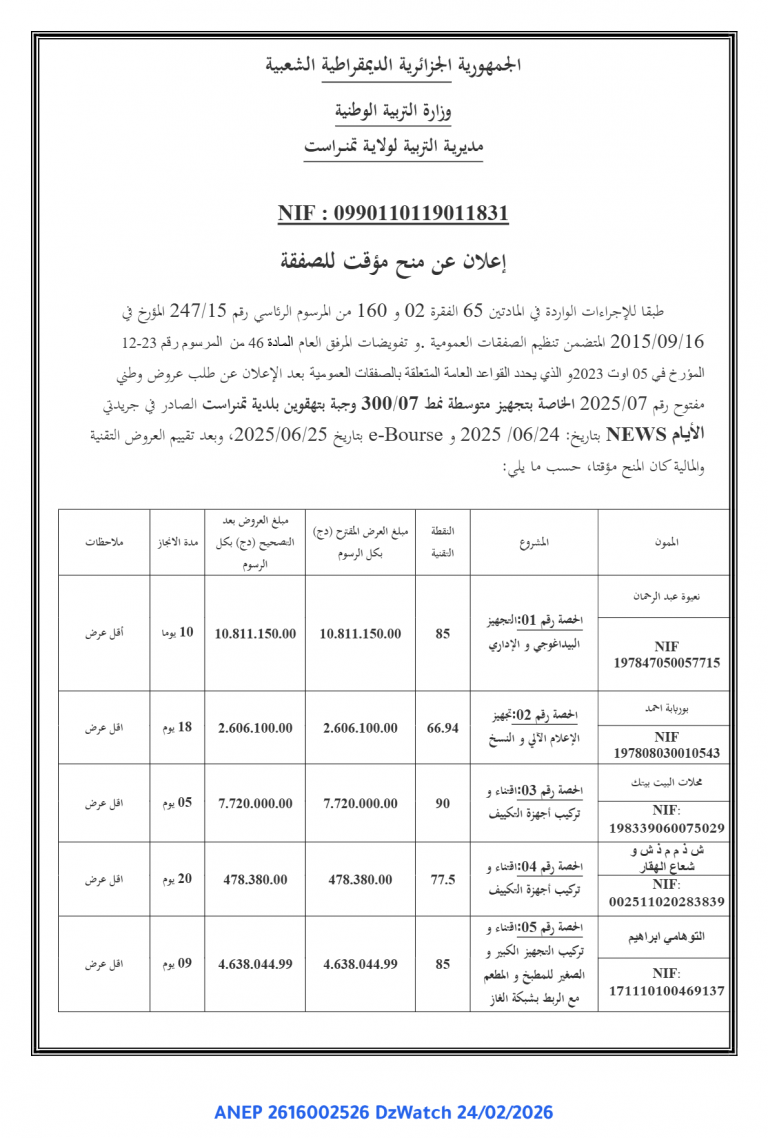 إعلان عن منح مؤقت للصفقة