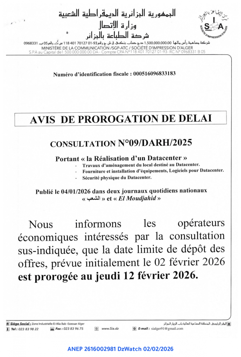 AVIS DE PROROGATION DE DELAI