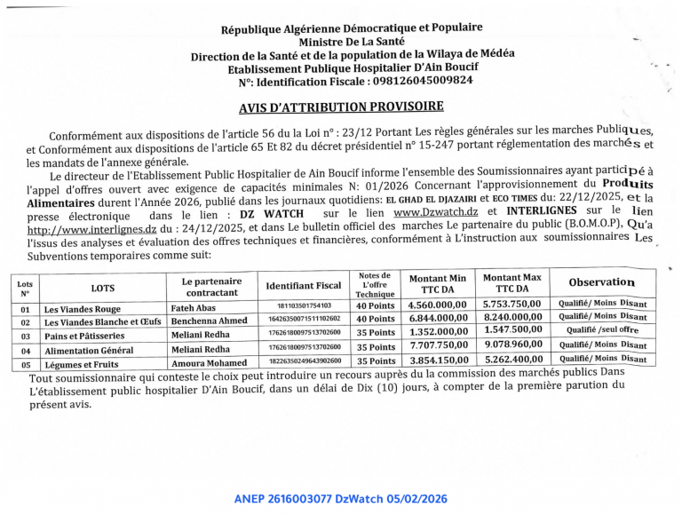 AVIS D’ATTRIBUTION PROVISOIRE