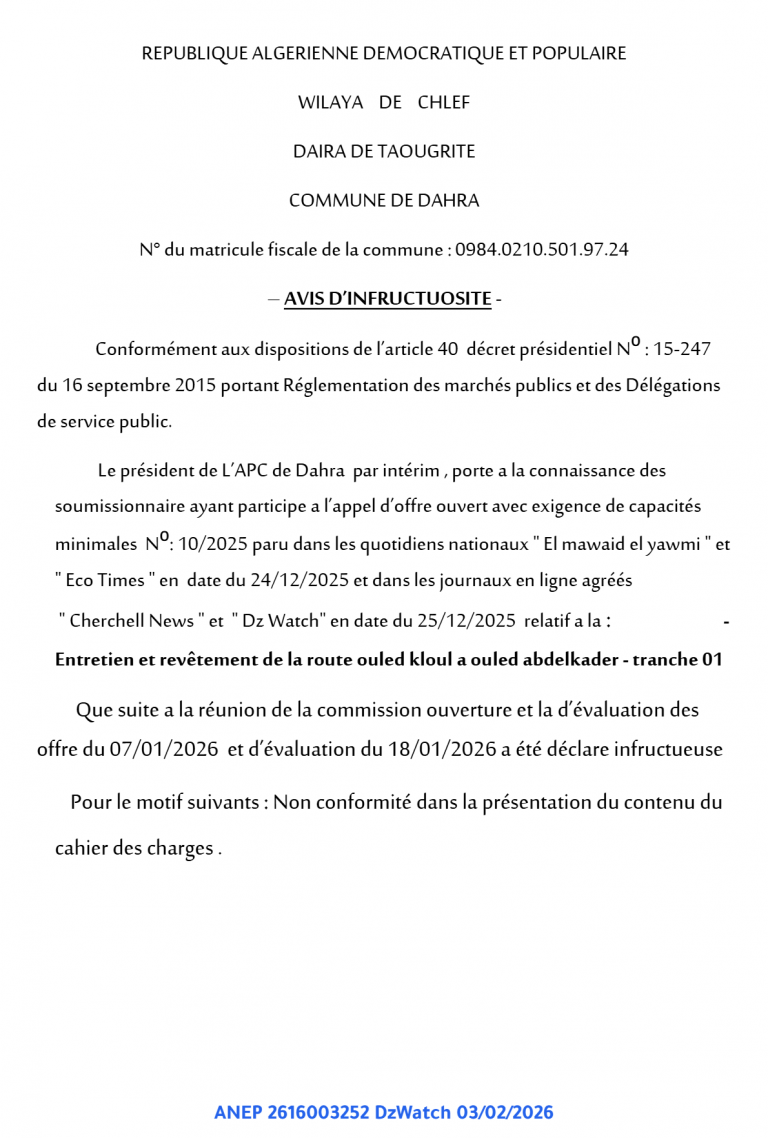 AVIS D’INFRUCTUOSITE