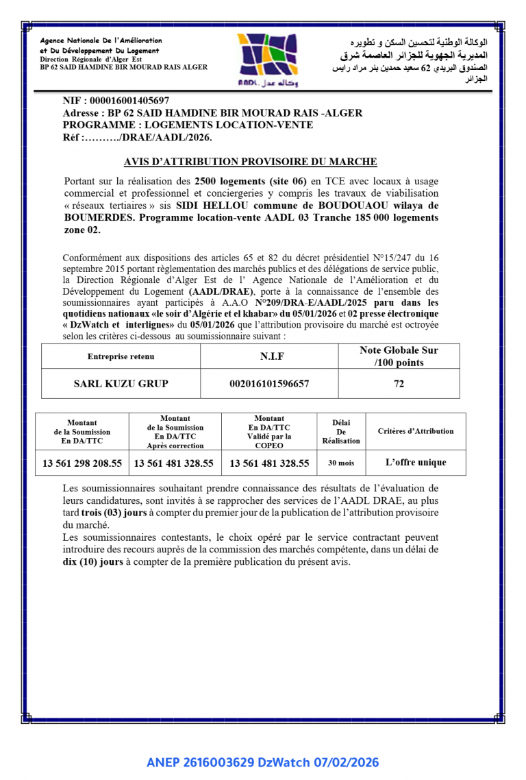 AVIS D’ATTRIBUTION PROVISOIRE DU MARCHE