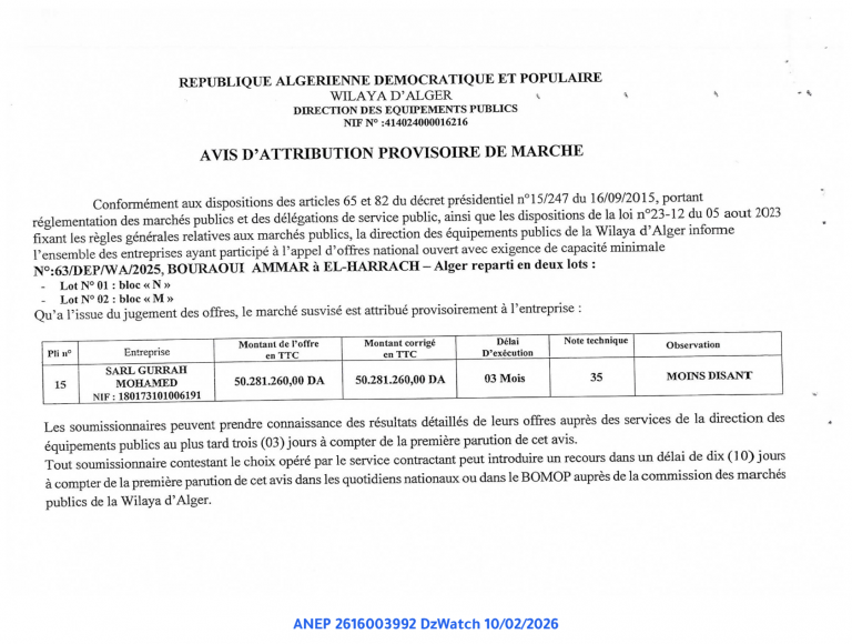 AVIS D’ATTRIBUTION PROVISOIRE DE MARCHE
