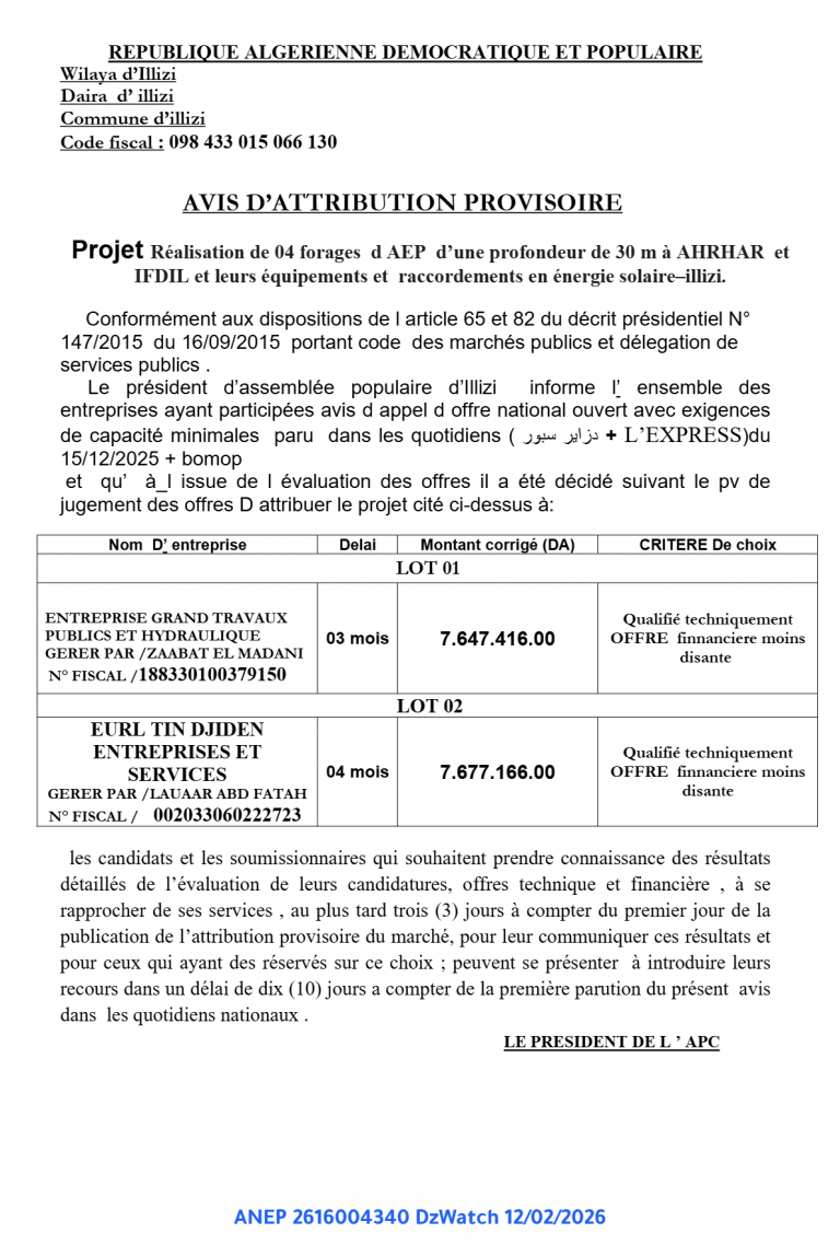 AVIS D’ATTRIBUTION PROVISOIRE