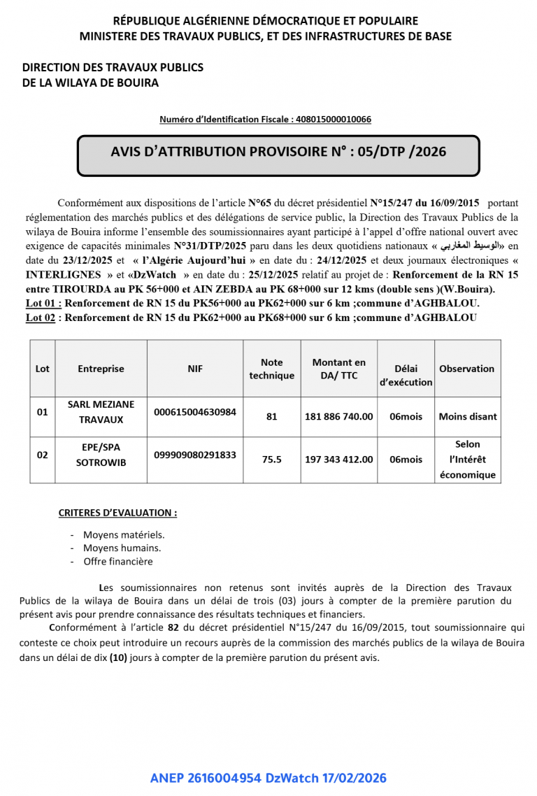 AVIS D’ATTRIBUTION PROVISOIRE N° : 05/DTP /2026