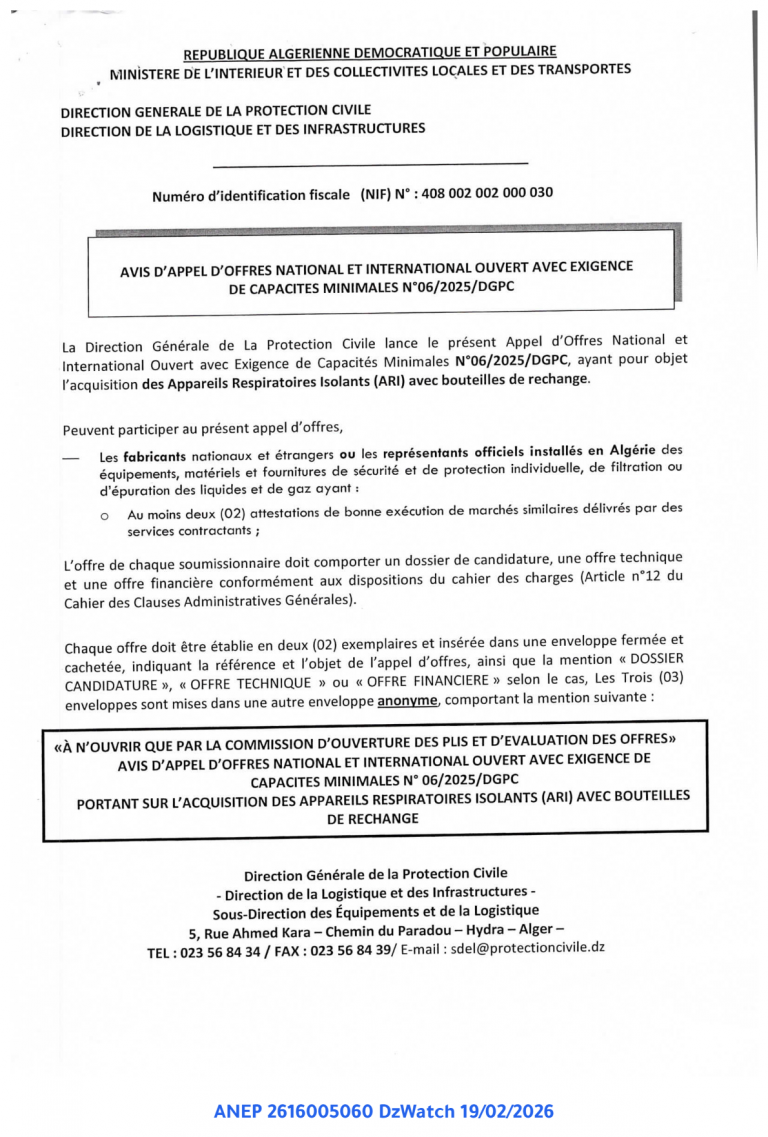 AVIS D’APPEL D’OFFRES NATIONAL ET INTERNATIONAL OUVERT AVEC EXIGENCE DE CAPACITES MINIMALES N°06/2025/DGPC