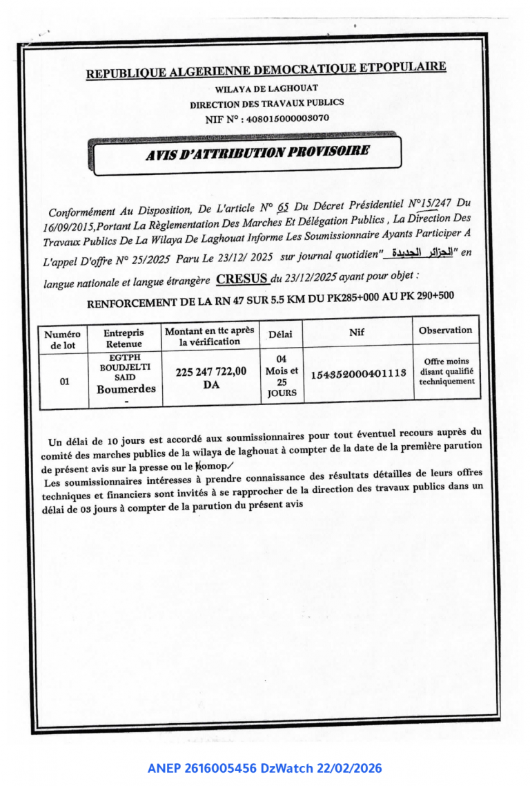 AVIS D’ATTRIBUTION PROVISOIRE